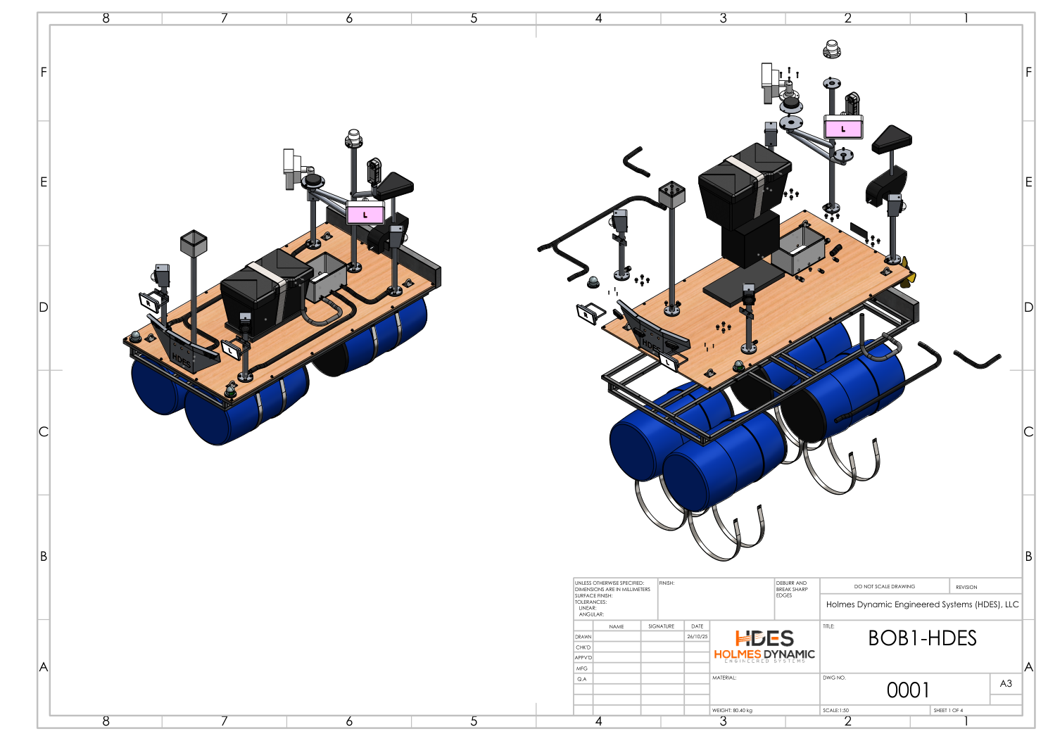 Drawing 0001 sheet 1 showing the assembled and exploded BOB 1 design